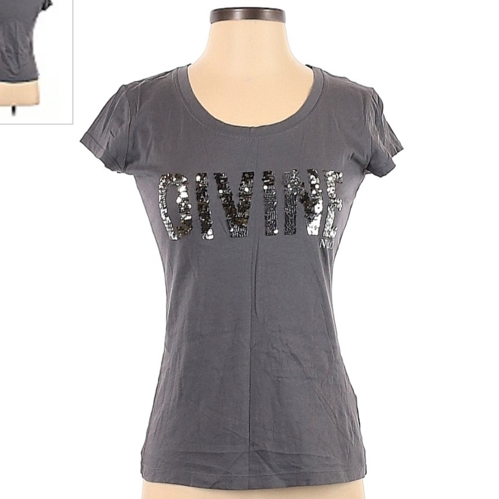 NY & Company Gray Divine Short Sleeve T-Shirt Women's XS Sequin Spellout EUC